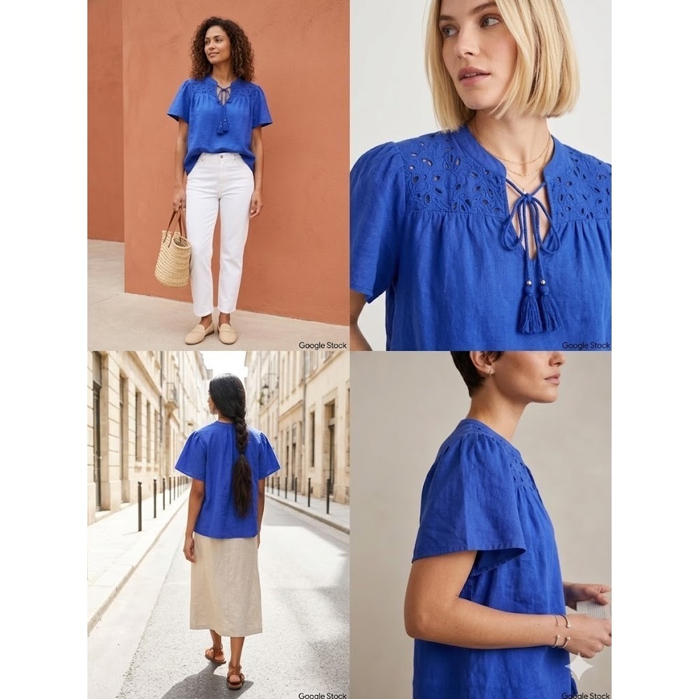Knox Rose Eyelet Blouse Top Womens 2XL Royal Blue Tasseled Ties Short Sleeve